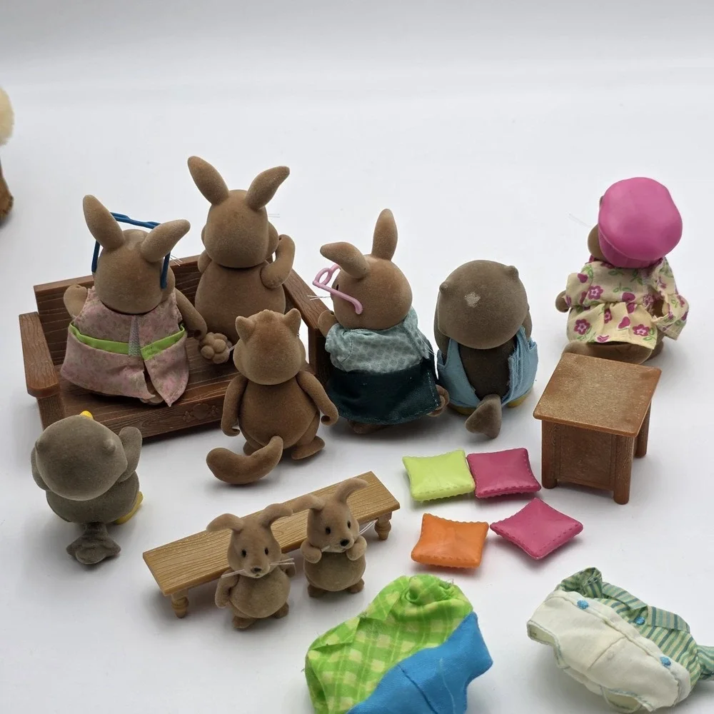 Calico Critters Little Woodzeez Cotton‎ ball Bunnies LOT OF 9 with Accessories.